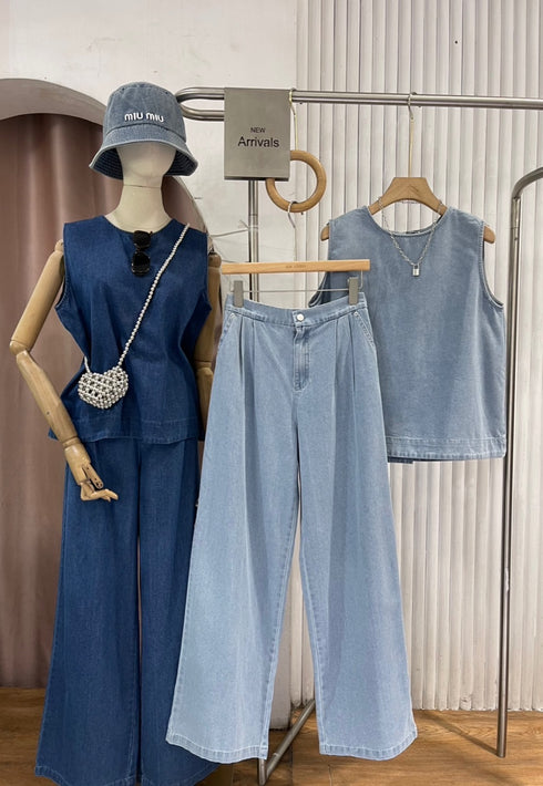 Denim Round Neck Pleated Back Tops with Trousers Sets